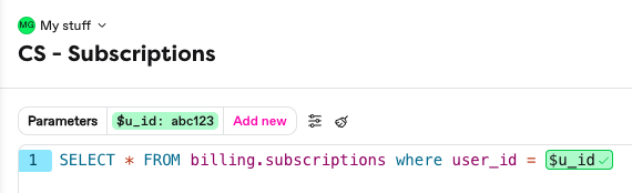 Subscriptions table parameter example in query tab